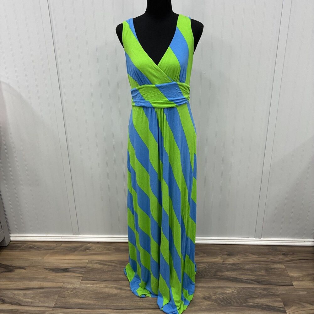 Lilly Pulitzer Women's L Blue Green Striped Maxi Dress V-Neck Sleeveless Long